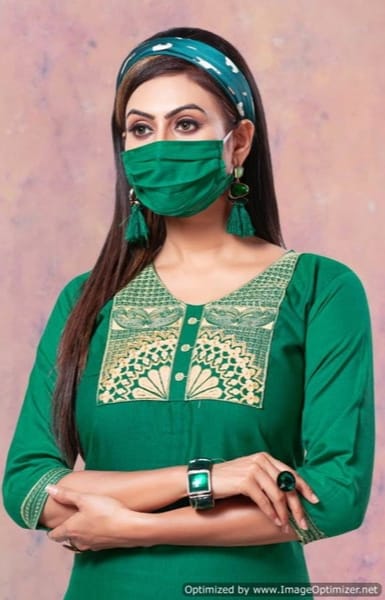 Designer slub Silk Straight Kurtis with face mask1